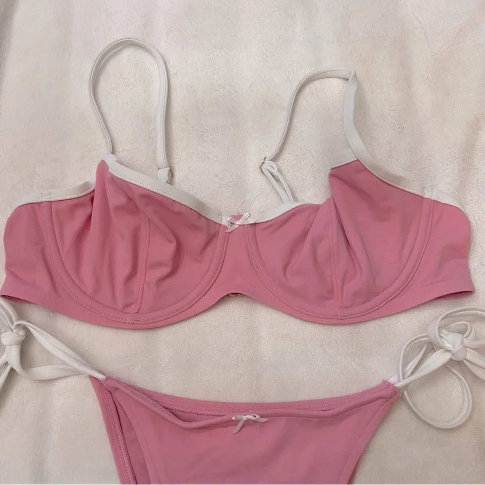 New! Frankie’s Bikinis x PINK Pink and White Bikini Set 3983